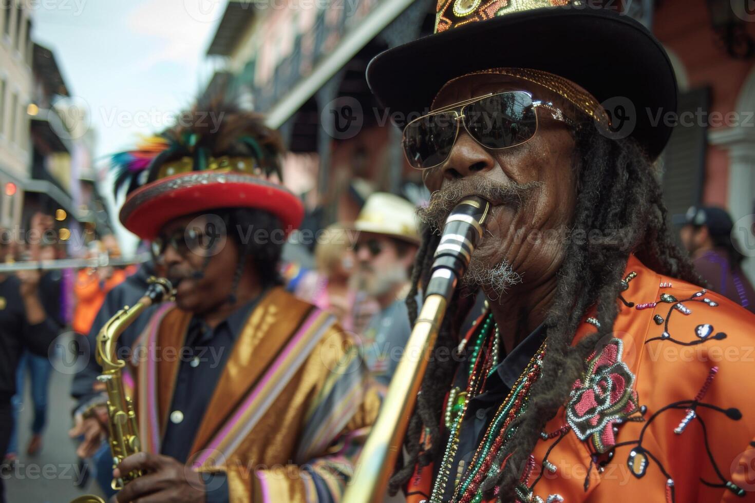 ai gegenereerd mardi gras viering in nieuw orleans met optocht, muziek, muzikanten, en festival cultuur foto