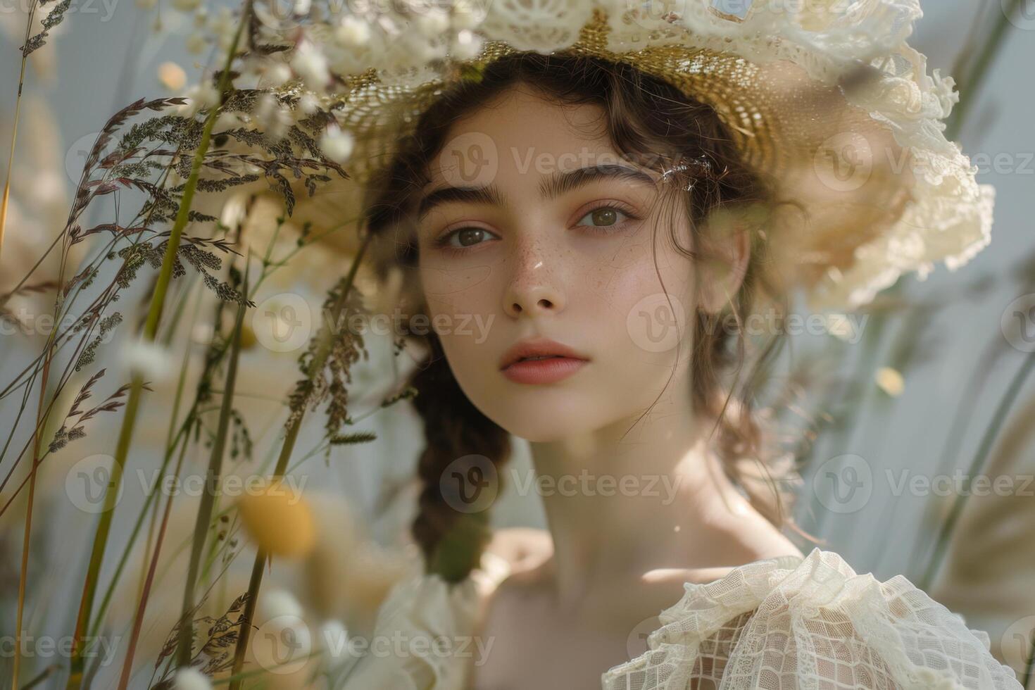 ai gegenereerd elegant vrouw in een wijnoogst romantisch jurk omringd door natuur en bloemen elementen foto