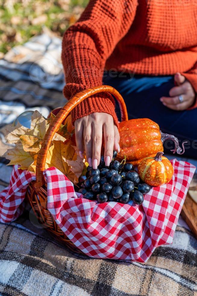 mooie vrouw in rode trui op een picknick in een herfstbos foto