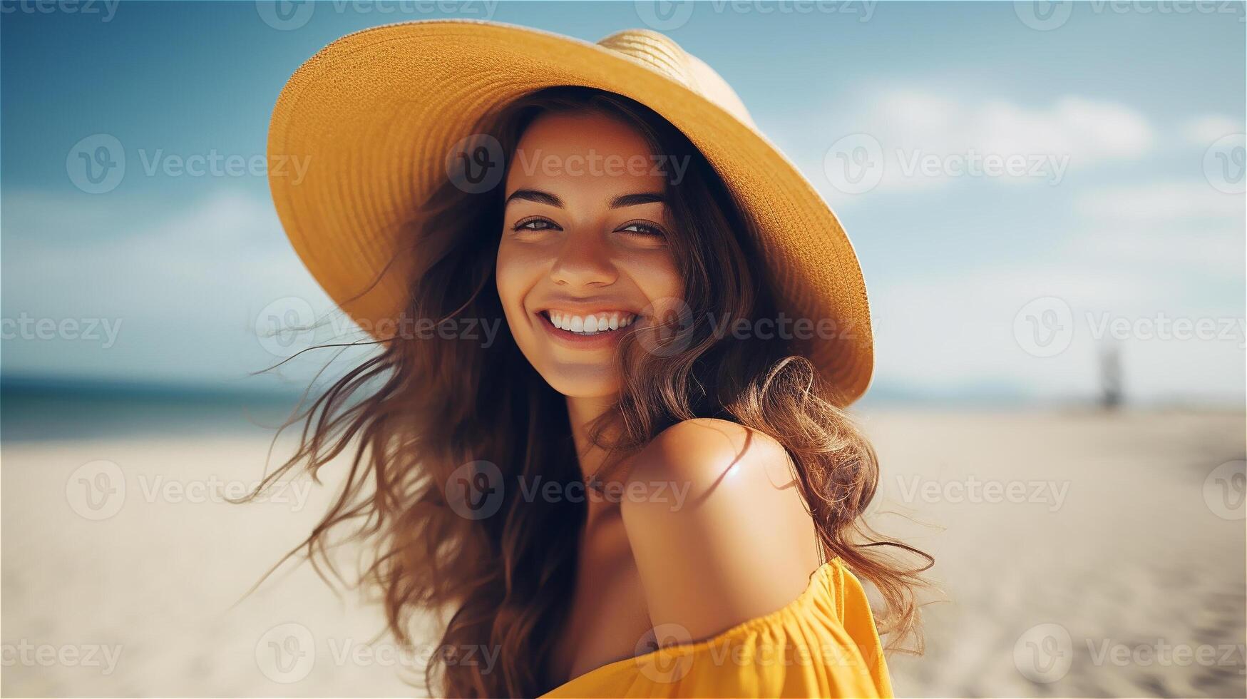 ai gegenereerd gelukkig vrouw Aan strand. glimlachen vrouw vervelend hoed. zonnig zomer dag. zomer vakantie en reizen concept. ai generatief foto