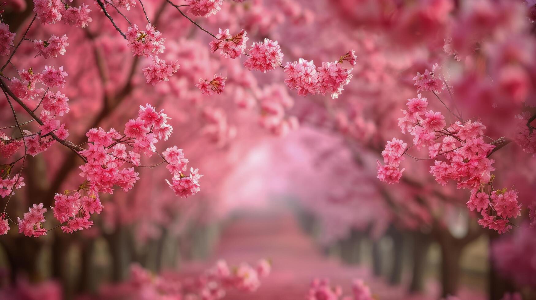 ai gegenereerd bloeiend roze bloemen langs met bomen omzoomd weg foto