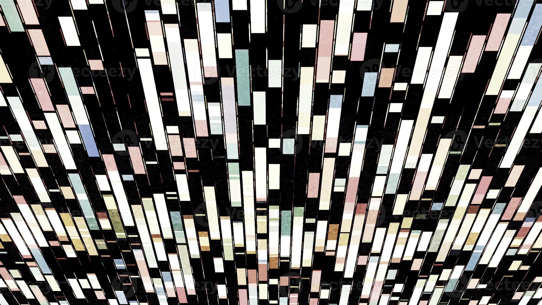abstract verschillend grootte rechthoeken in beweging in de verschillend grootte Aan zwart achtergrond. animatie. kleurrijk rijen van segmenten lijkt op gegevens stromen. foto