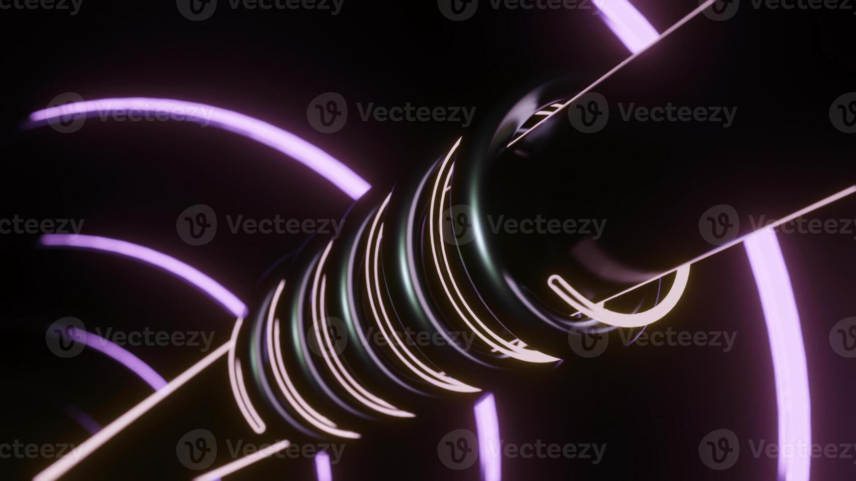 animatie van roterend buizen met zuiger. ontwerp. mechanisch structuur met roterend buizen in de omgeving van hengel. tunnel met metaal pijp en in beweging neon lijnen foto