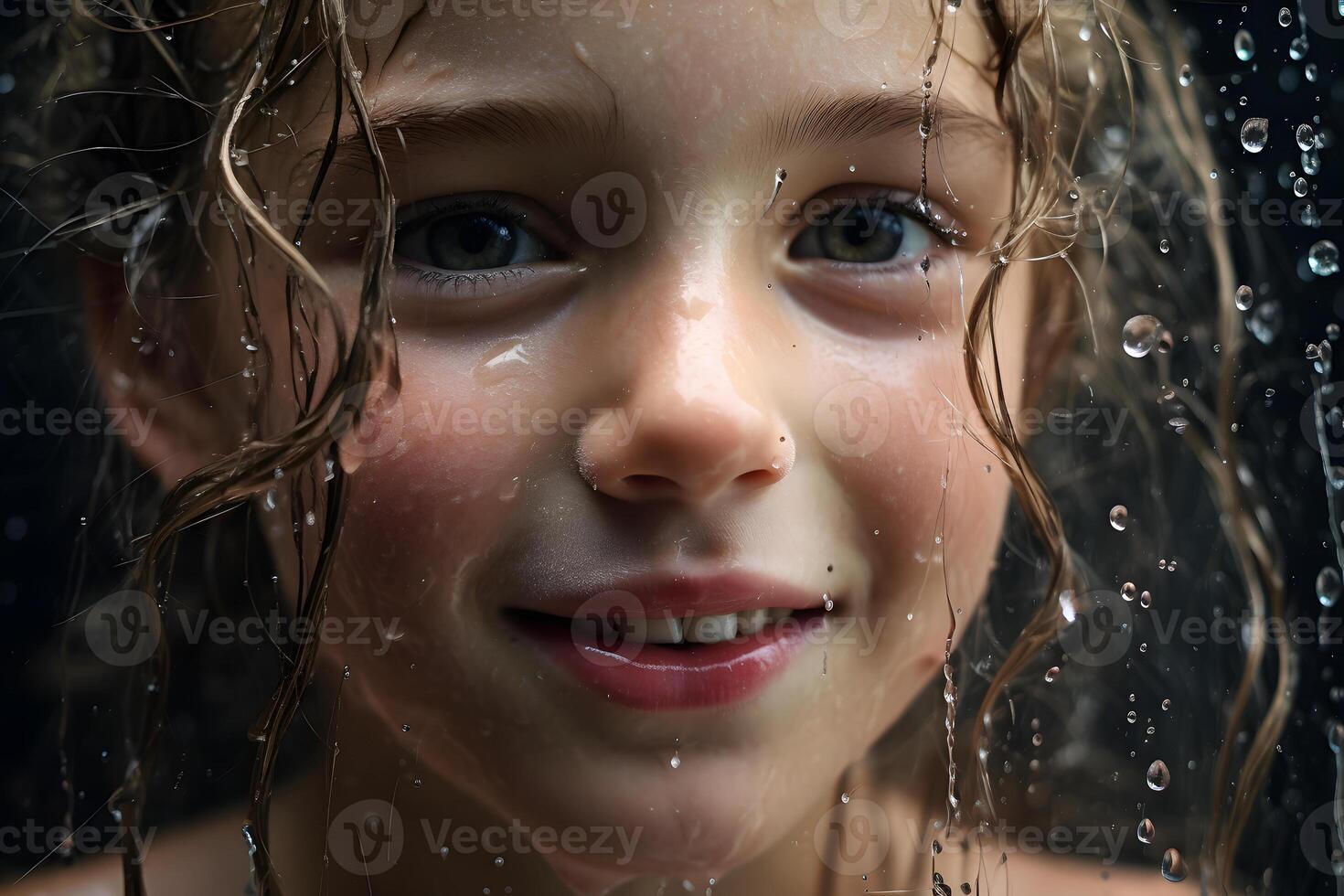 ai gegenereerd aanbiddelijk portret van jong meisje met nat haar- en helder blauw ogen foto