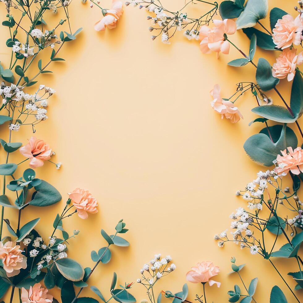 ai gegenereerd bloemen botanisch kader Aan geel pastel achtergrond foto