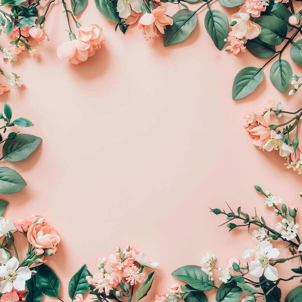 ai gegenereerd bloemen botanisch kader Aan roze pastel achtergrond foto