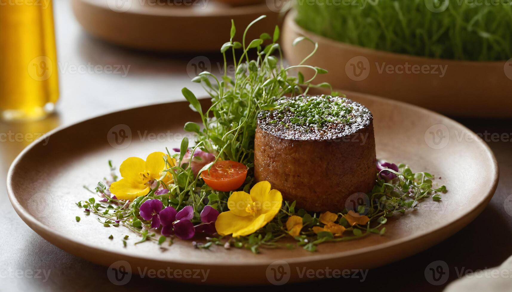 ai gegenereerd Zalm taart met boterbloemen en microgreens Aan een bord foto