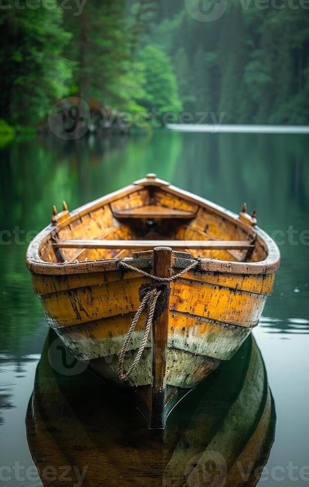 ai gegenereerd oud houten roeien boot Aan de meer foto