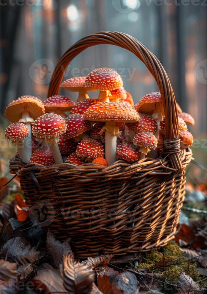 ai gegenereerd amanita muscaria champignons in mand in herfst Woud foto