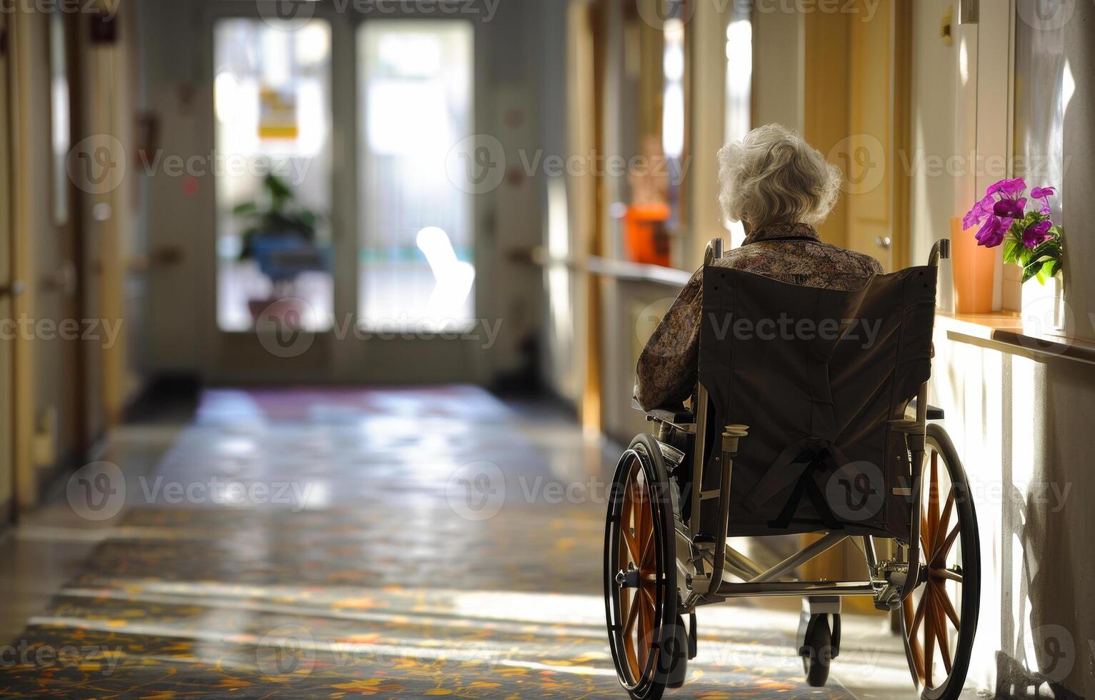ai gegenereerd senior vrouw in rolstoel is zittend in pensioen huis foto