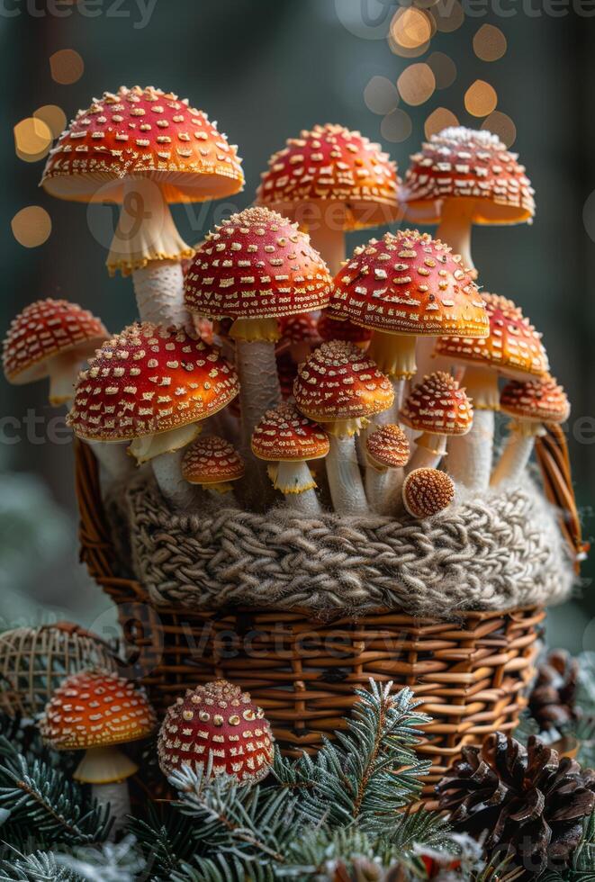 ai gegenereerd mand vol van paddenstoelen. een mand vol van champignons foto