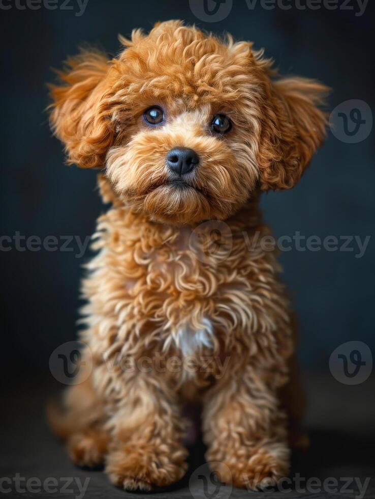 ai gegenereerd schattig bruin speelgoed- poedel zit Aan donker achtergrond en looks Bij de camera. foto