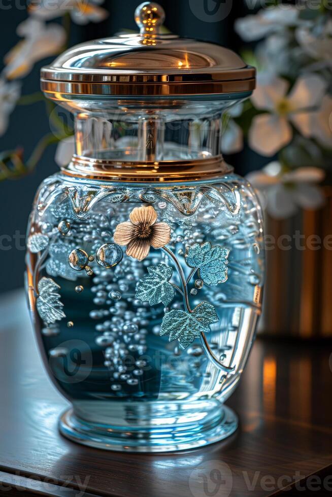 ai gegenereerd mooi blauw glas pot met deksel staat Aan houten tafel foto