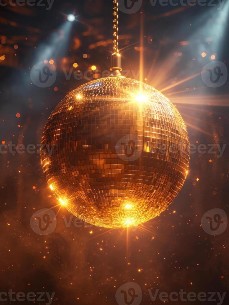 ai gegenereerd gouden disco bal en stralen van licht in de achtergrond. een disco bal verhelderend in de achtergrond met schijnwerpers foto