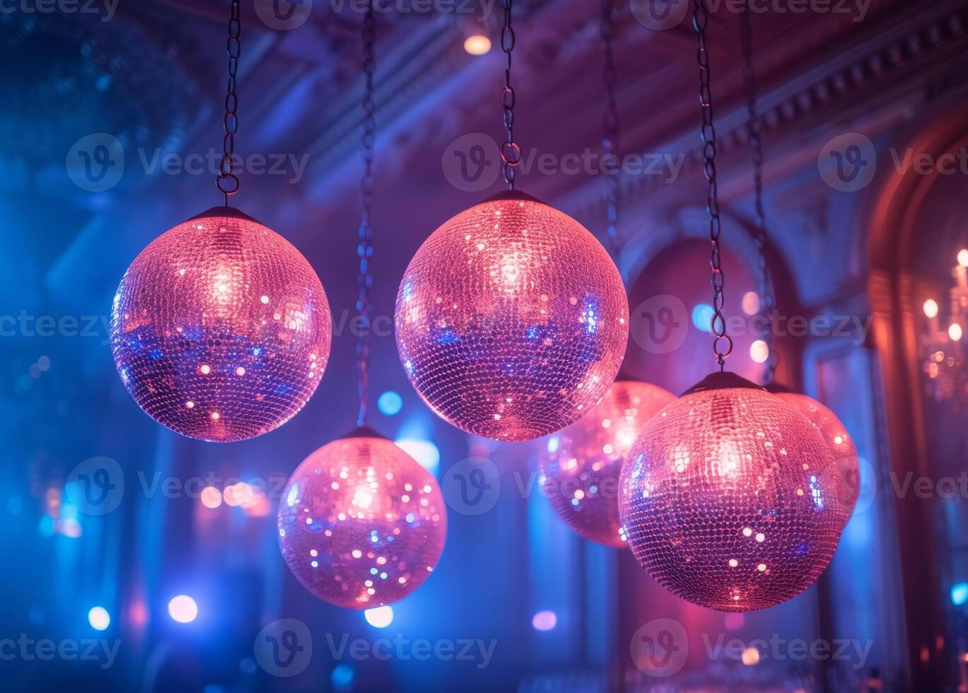 ai gegenereerd disco ballen. disco ballen in nachtclub. disco ballen hangen van de plafond van een partij foto