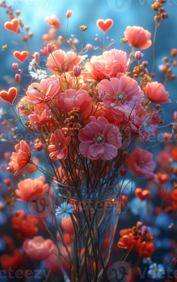 ai gegenereerd rood klaprozen en madeliefjes in vaas bloemen achtergrond. bundel van harten en bloemen met harten foto
