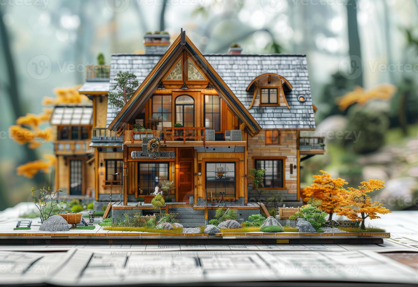 ai gegenereerd miniatuur huis. ongebruikelijk 3d illustratie van knus houten huis met terras en dek in de Woud Bij nacht. foto