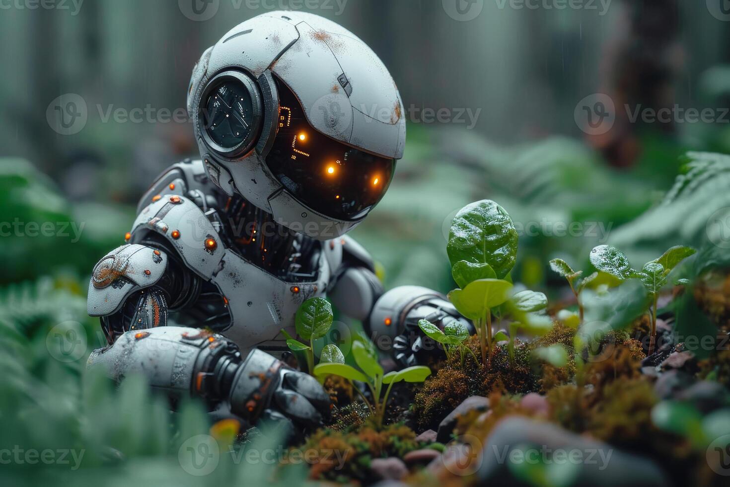 ai gegenereerd cyborg in Woud met planten kunstmatig intelligentie- en robotica concept foto