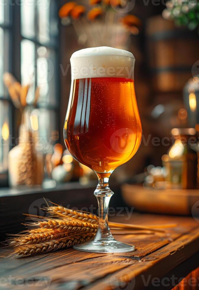 ai gegenereerd glas van verkoudheid licht bier met schuim Aan de houten bar teller in kroeg foto