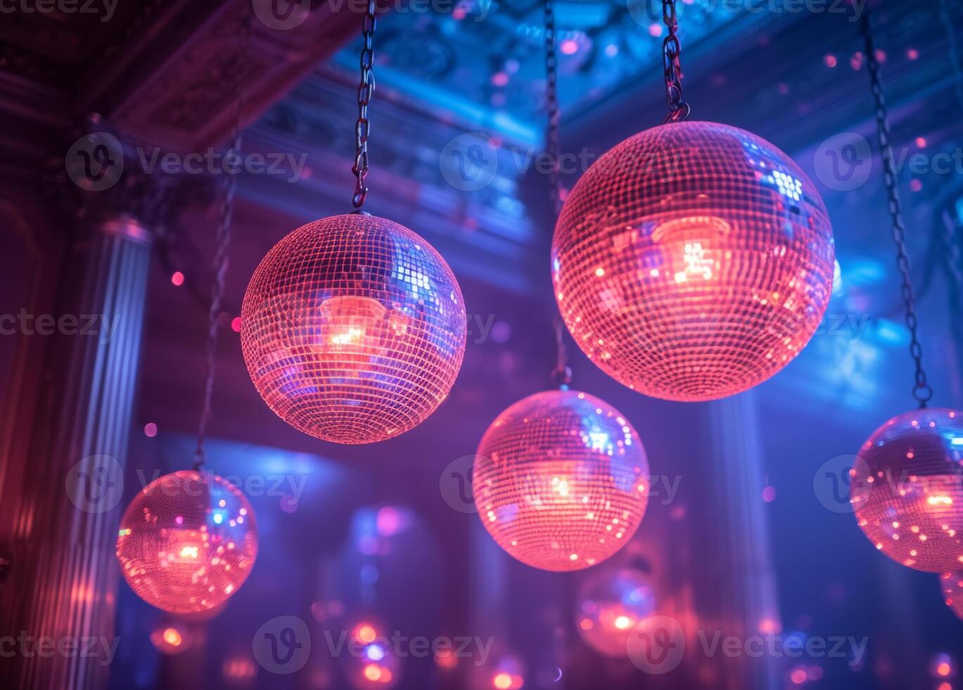 ai gegenereerd disco bal in nachtclub. een spiegel disco bal Aan bokeh lichten achtergrond foto