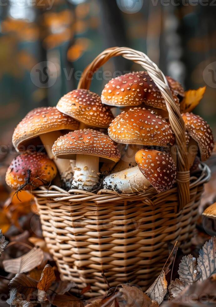 ai gegenereerd champignons in mand in de herfst Woud foto