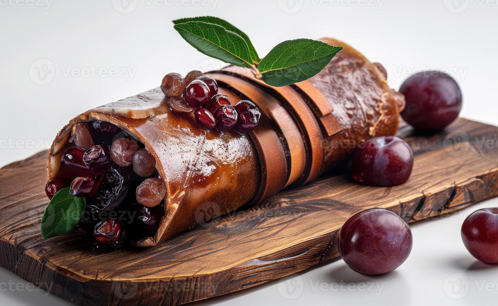 ai gegenereerd heerlijk zoet nagerecht. handgemaakt fruit pastilles met vers druiven en munt bladeren Aan houten bord foto