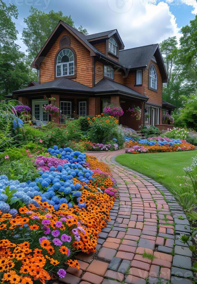 ai gegenereerd steen loopbrug Leidt naar groot huis met mooi tuin foto