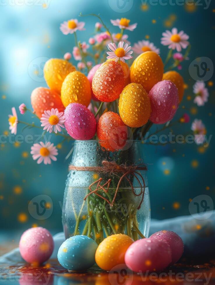 ai gegenereerd een bundel van gekleurde eieren in bril. kleurrijk Pasen eieren en voorjaar bloemen in glas vaas foto