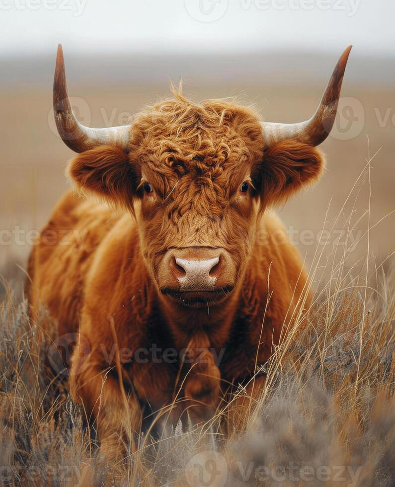 ai gegenereerd hoogland koe aan het liegen naar beneden in veld. een stier in de veld- met lang hoorns foto