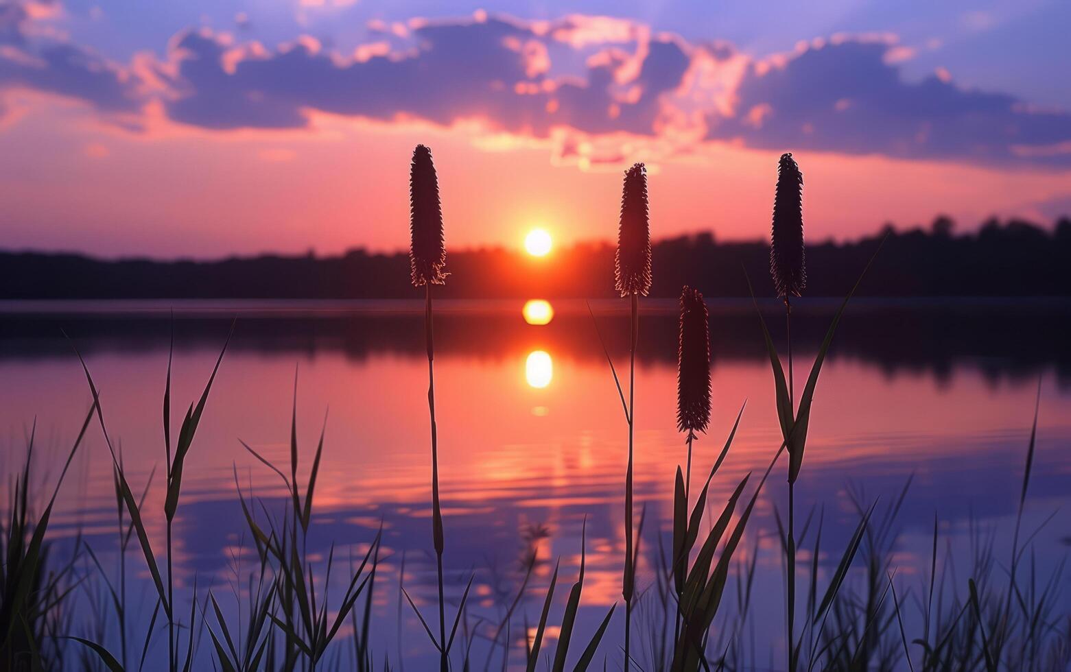 ai gegenereerd de vurig bol van de instelling zon gloeit intens achter aftekenen cattails Bij de water rand foto