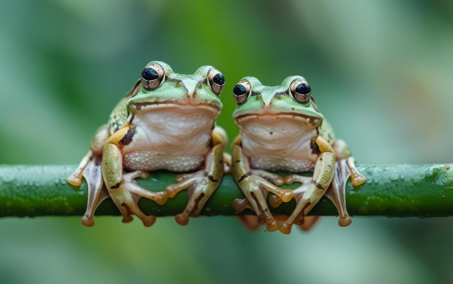 ai gegenereerd een boeiend dichtbij omhoog van twee groen kikkers spiegelen elk andere Aan een stam foto