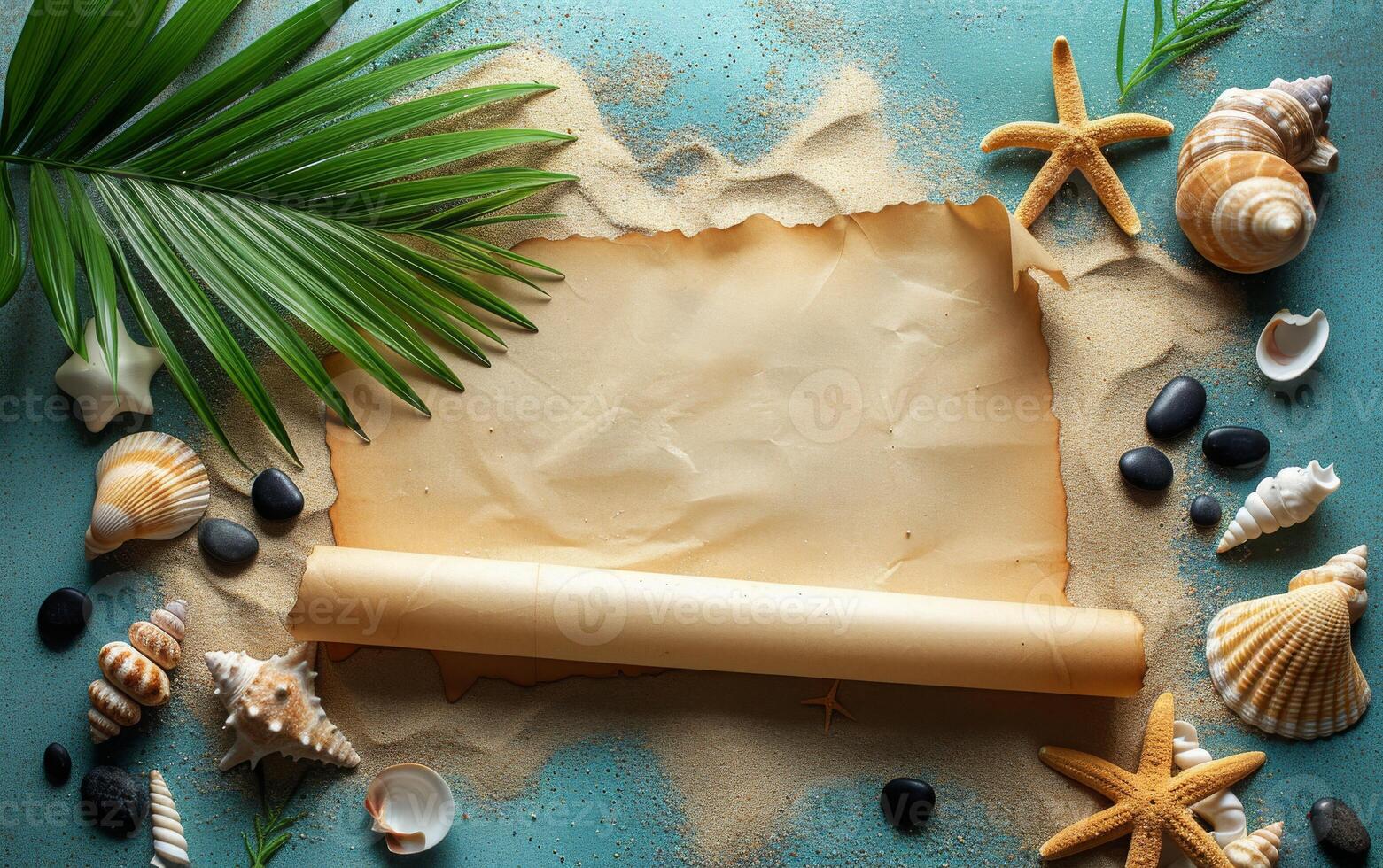 ai gegenereerd een overhead visie van een zomer strand-thema achtergrond, met een blanco papier rol voor mockup ontwerpen foto