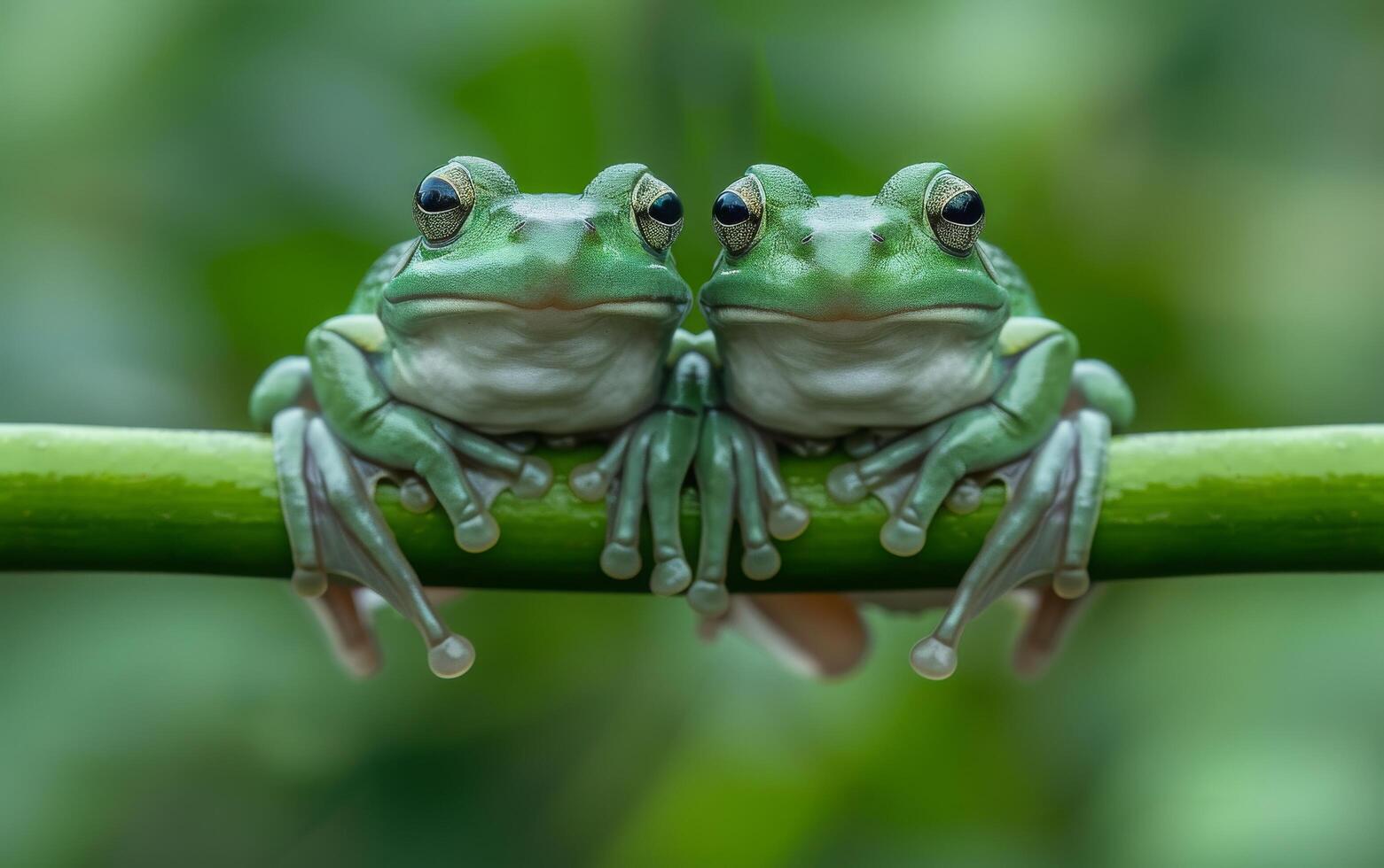 ai gegenereerd een boeiend dichtbij omhoog van twee groen kikkers spiegelen elk andere Aan een stam foto