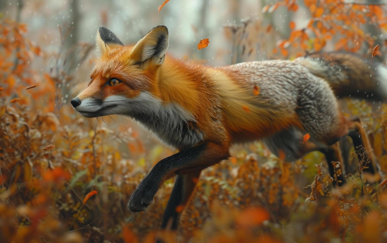 ai gegenereerd een levendig rood vos komt tevoorschijn temidden van de varens, haar alarm blik en glanzend vacht foto