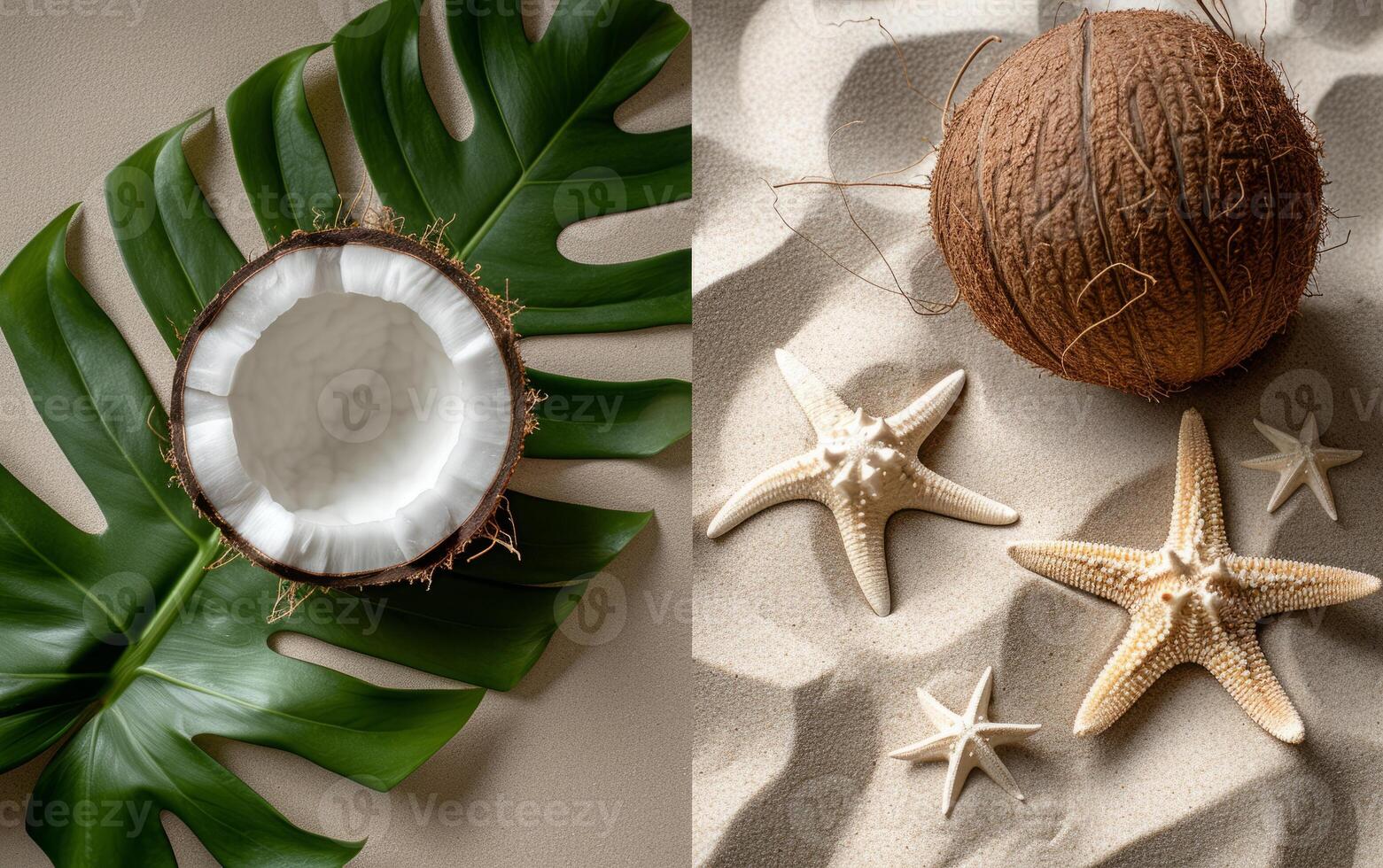 ai gegenereerd een rustig strand samenstelling met een monstera blad, geheel kokosnoten, en een zeester Aan zand backdrop foto