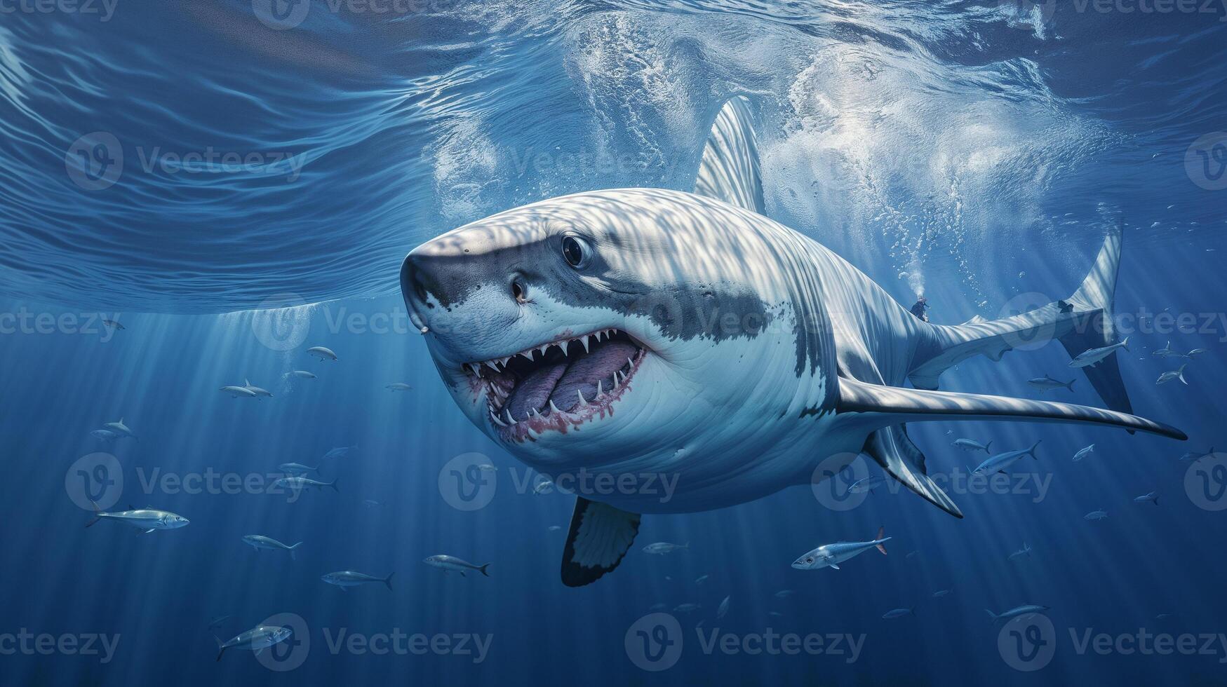 ai gegenereerd een majestueus Super goed wit haai zwemt onderwater, omringd door kleiner vis, terwijl zonlicht filters door de Doorzichtig blauw water foto