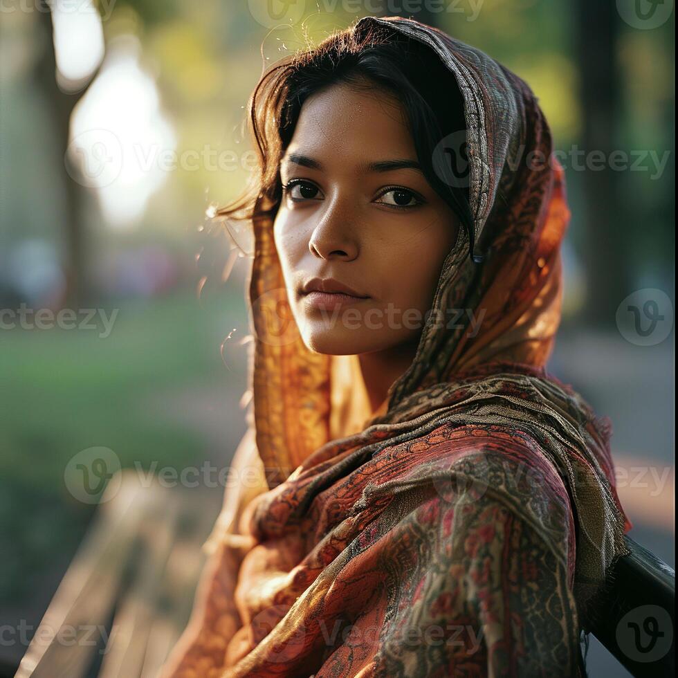 ai gegenereerd Indisch jong dame zittend Aan een bank in een zonovergoten park, verpakt in een kleurrijk sjaal foto