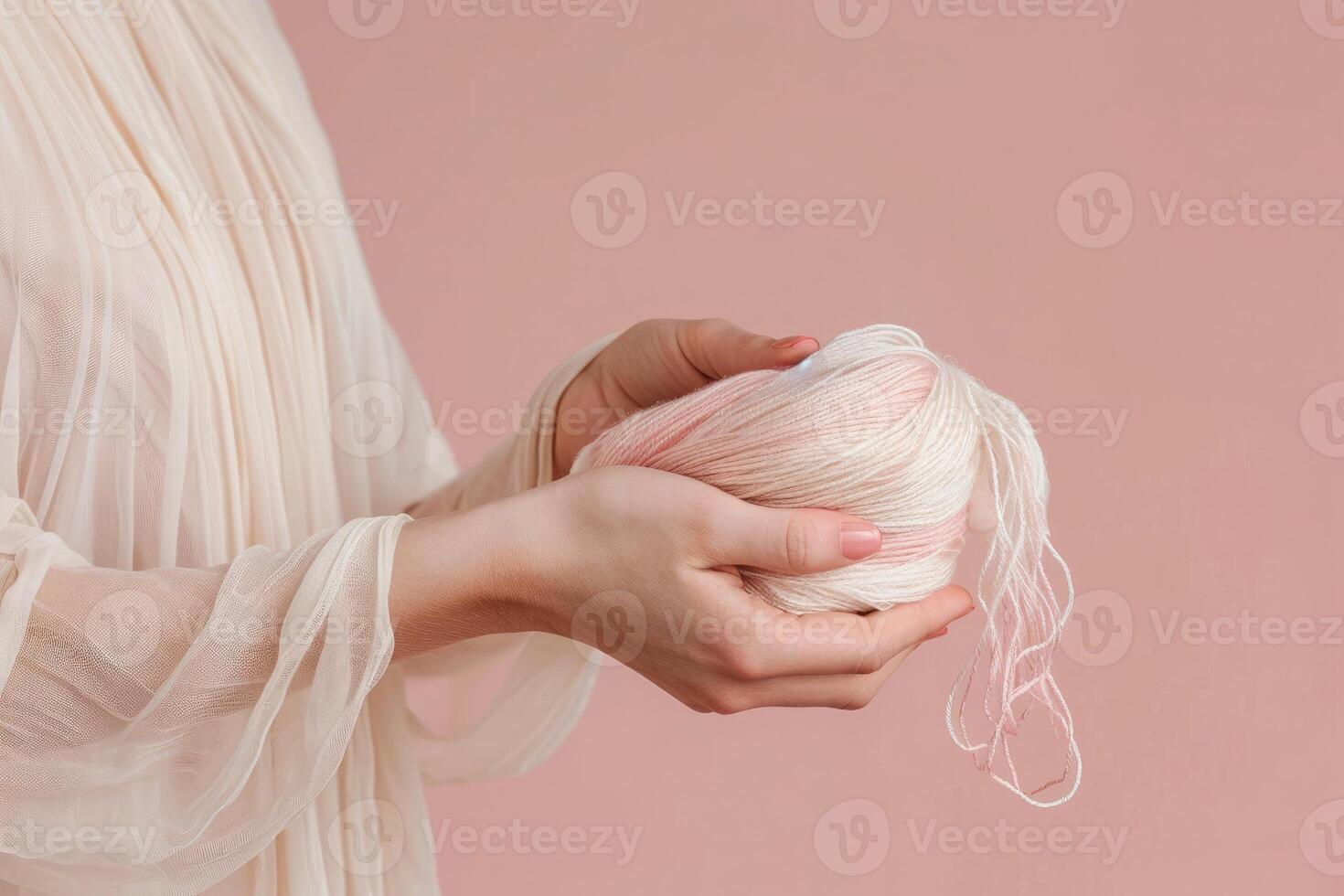 ai gegenereerd elegant handen Holding een bal van garen met een zacht focus Aan een roze achtergrond, oproepen tot lekkernij foto