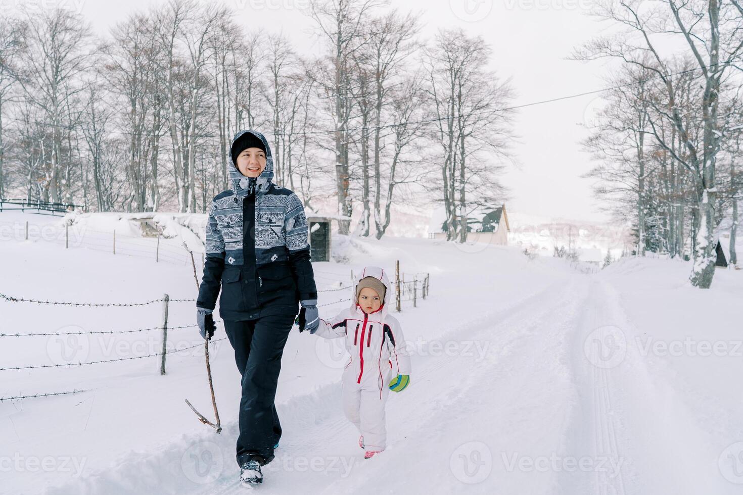 moeder en een weinig meisje wandelen Holding handen langs een besneeuwd weg Aan de rand van een Woud foto