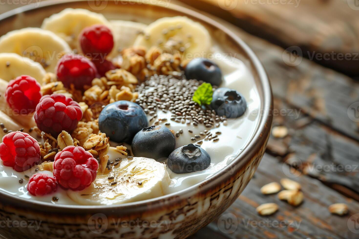 ai gegenereerd een levendig en voedzaam kom van superfoods, met vers bessen, banaan, muesli, chia zaden, en yoghurt. generatief ai. foto