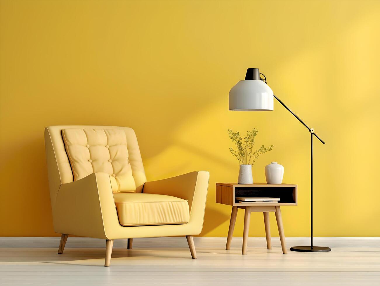 ai gegenereerd geel sofa tegen geel muur en lamp foto