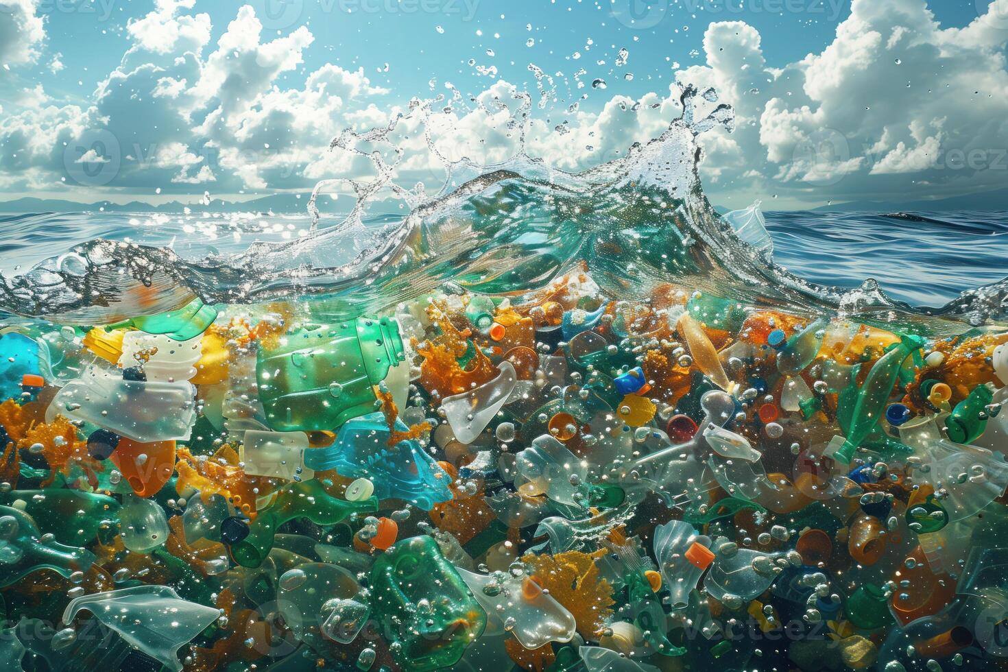 ai gegenereerd plastic vuilnis in de oceaan. milieu vervuiling. foto