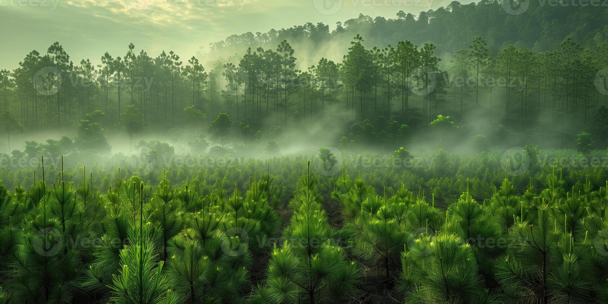 ai gegenereerd Woud plantages in mistig berg bos- in de ochtend, mooi natuur landschap. foto