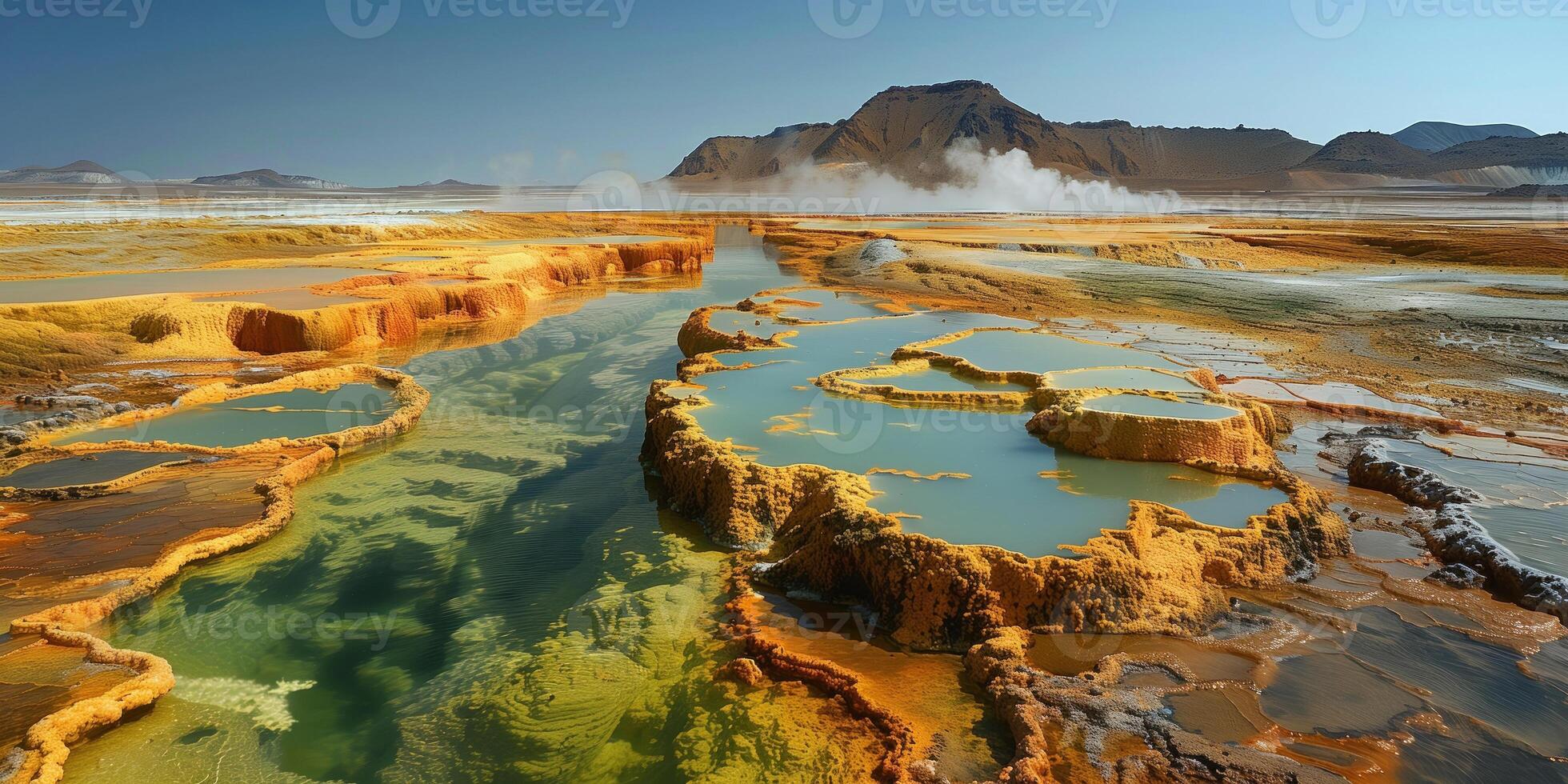 ai gegenereerd landschap met kleurrijk hydrothermisch veren in een vulkanisch Oppervlakte foto