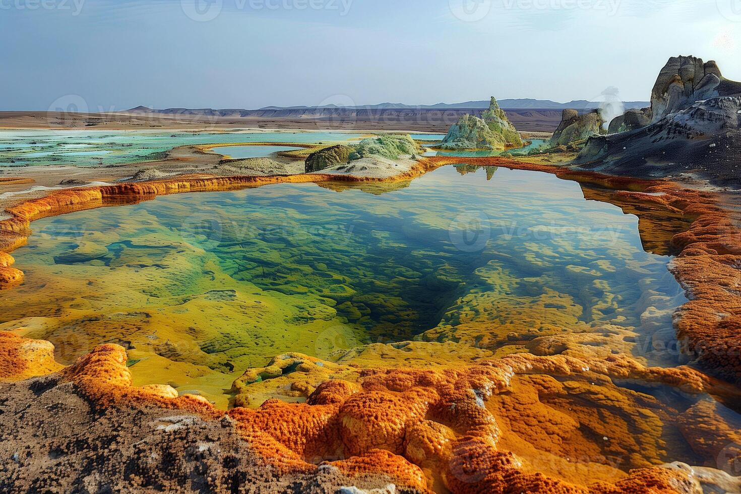 ai gegenereerd geothermisch water stopcontact met helder mineraal deposito's in woestijn vulkanisch Oppervlakte foto