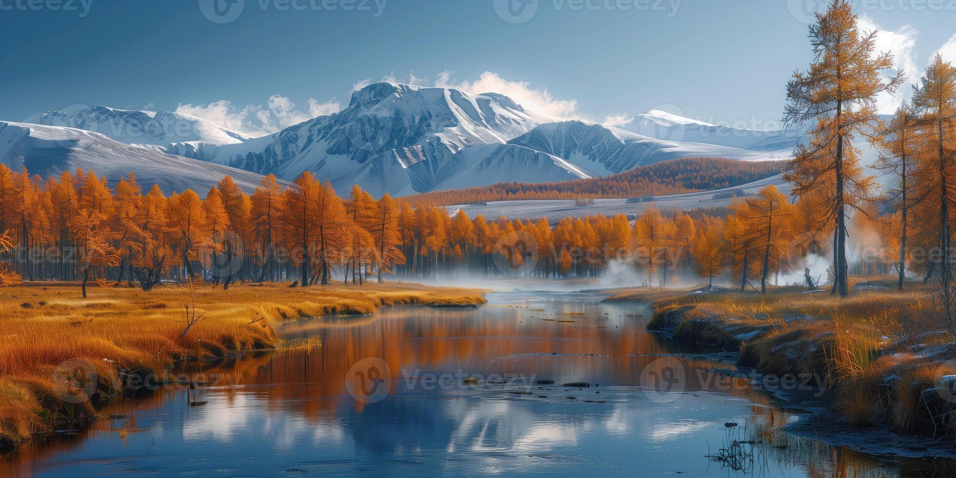 ai gegenereerd herfst landschap van vallei met rivier- en geothermisch veren foto