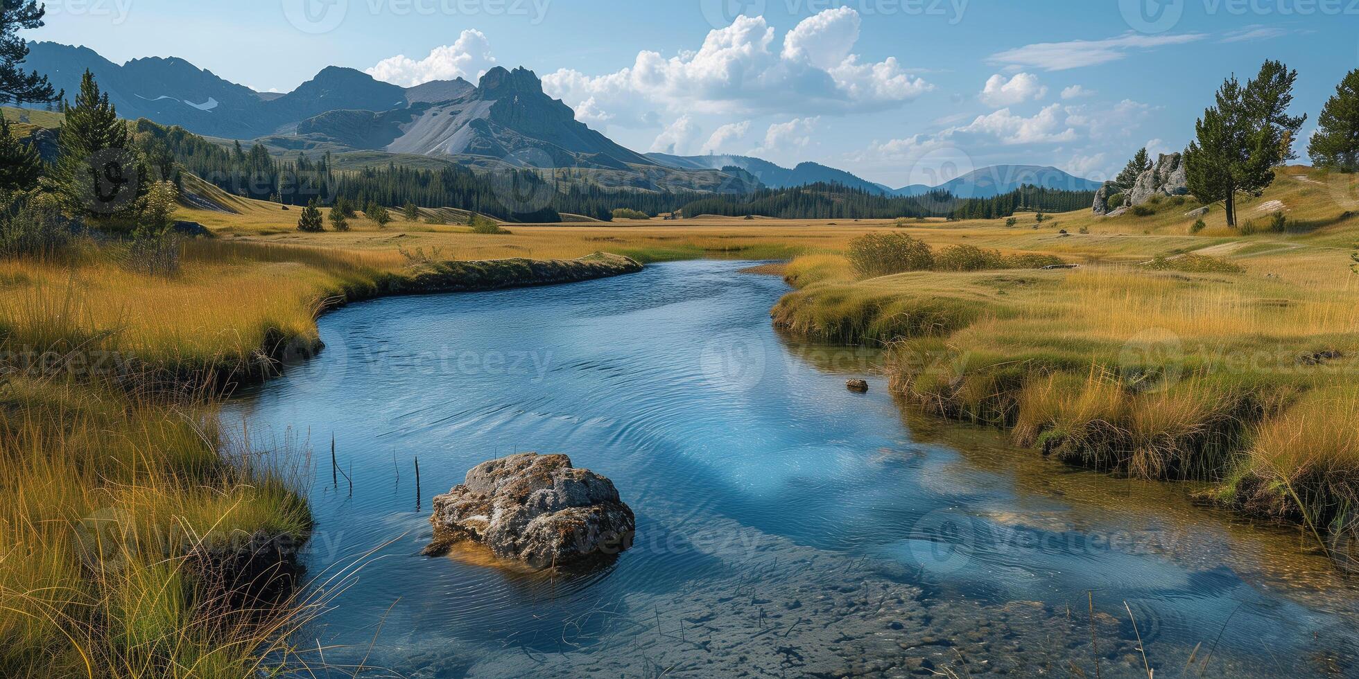 ai gegenereerd mooi berg landschap met kalmte rivier- Aan de voorgrond foto