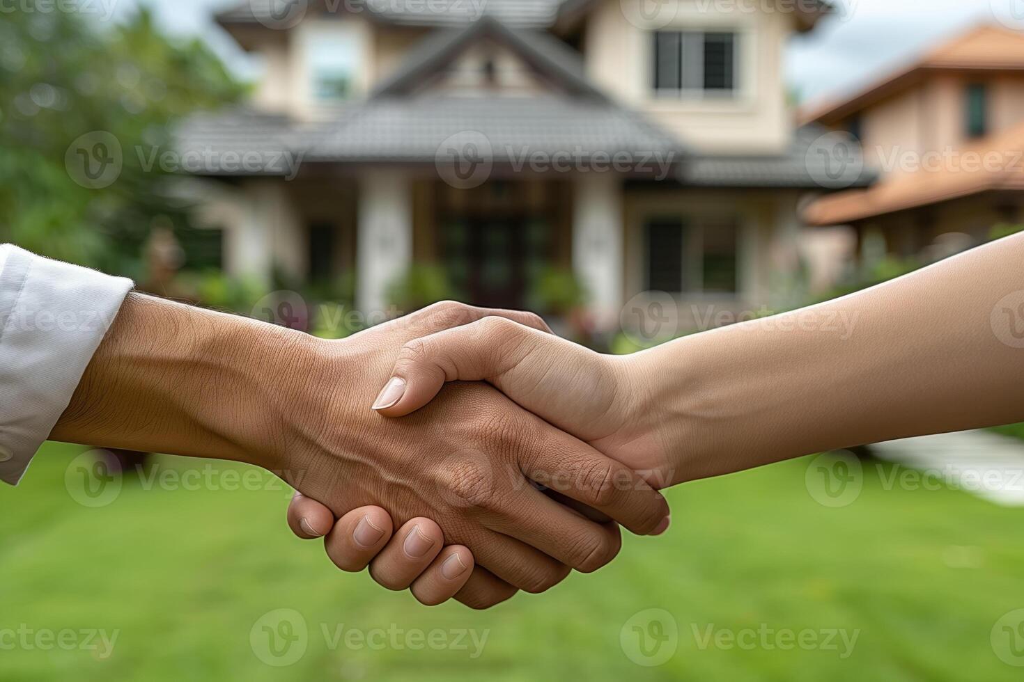 ai gegenereerd echt landgoed middel beven handen met klant na ondertekening contract voor uitverkoop. foto