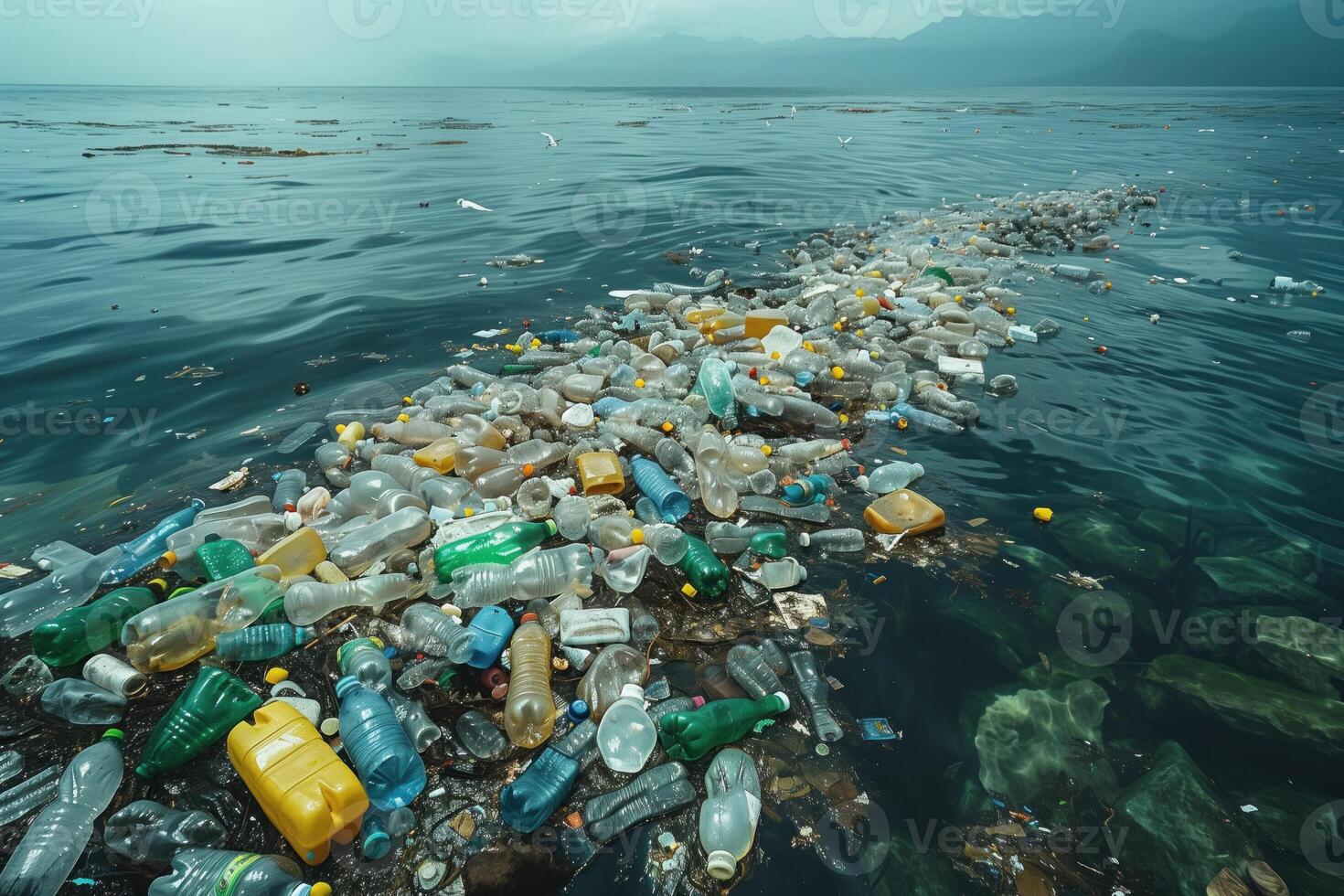 ai gegenereerd milieu verontreiniging concept, plastic verspilling in de zee foto