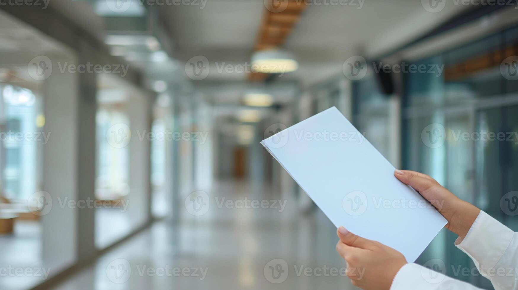 ai gegenereerd vrouw hand- Holding een wit vel van papier in de kantoor gang foto